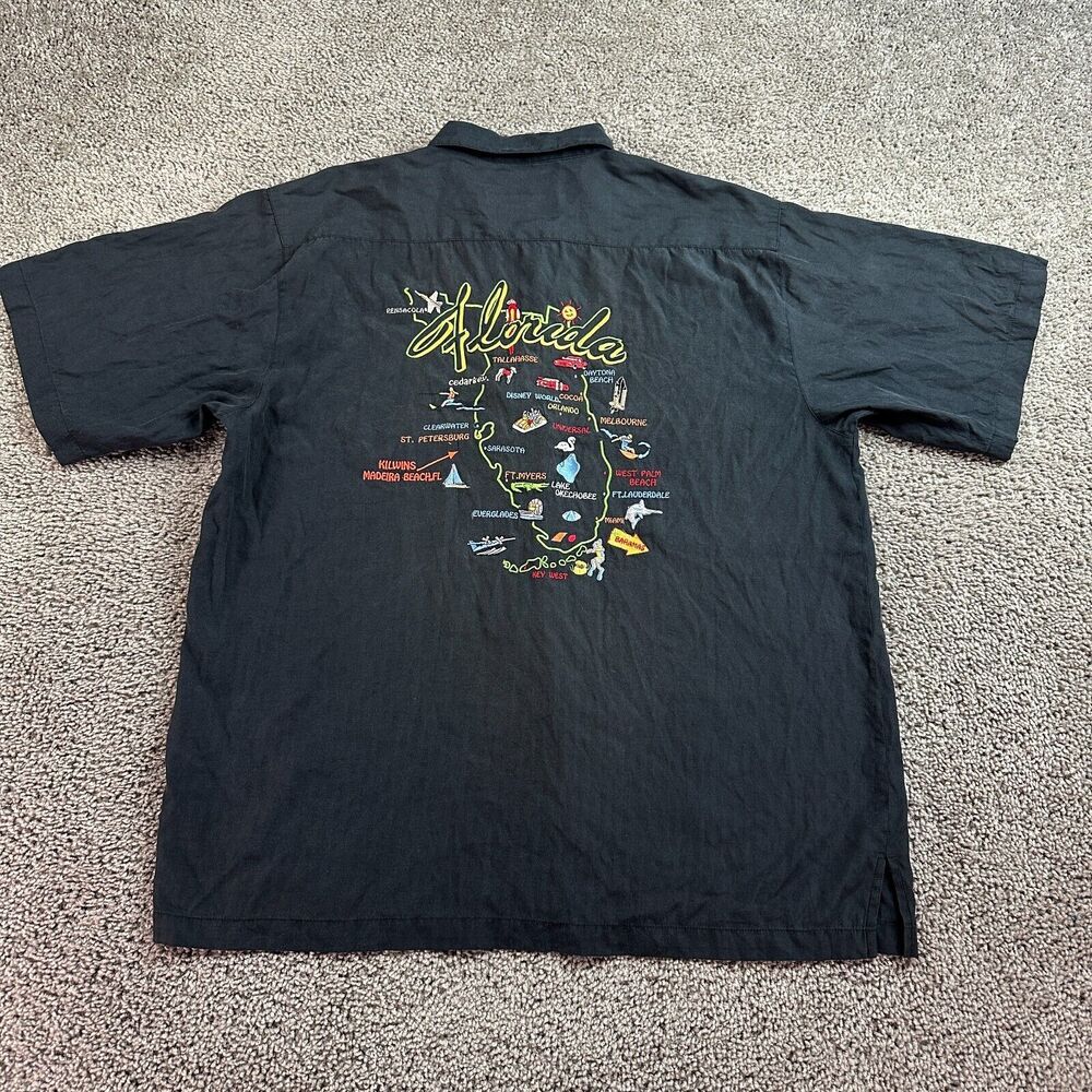 Koko Island Hawaiian Shirt Mens Large Black Florida Map Embroidered Button Up